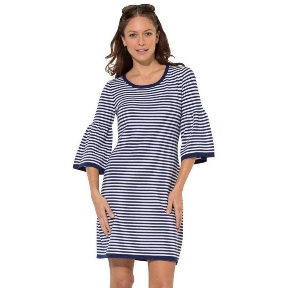 Sail to Sable Navy and White Striped Bell Sleeve Dress